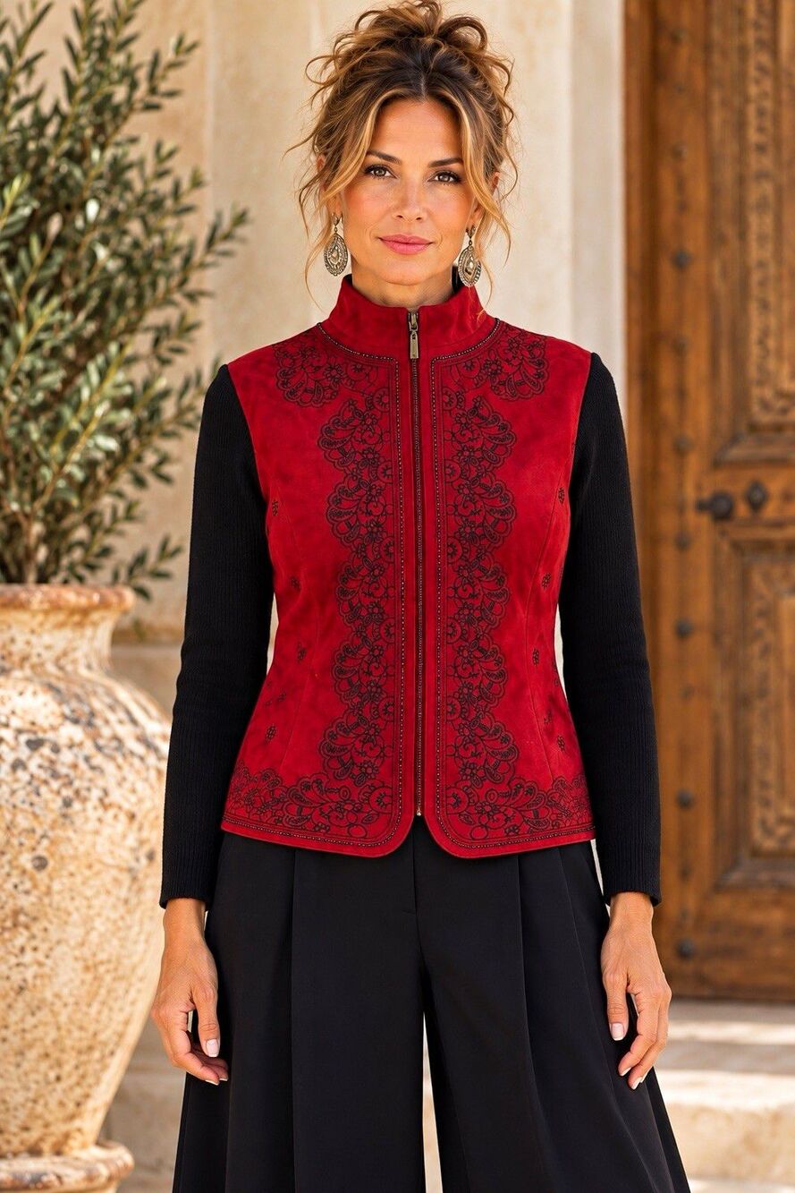 Coldwater Creek Petite large Red/Black Floral Embroidered Beaded Full Zip jacket